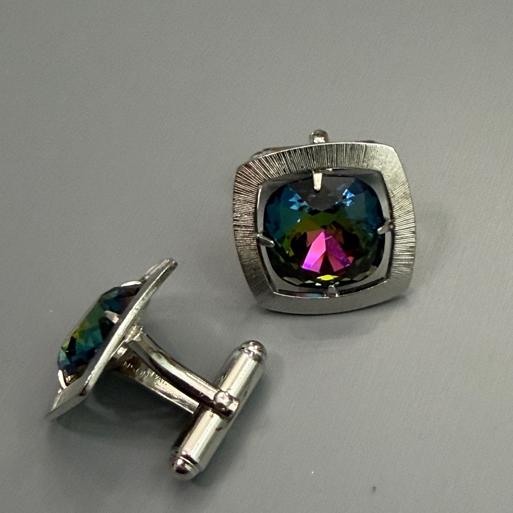 Vintage Anson Silver Set Watermelon Rhinestone Mid Century Modern Cufflinks